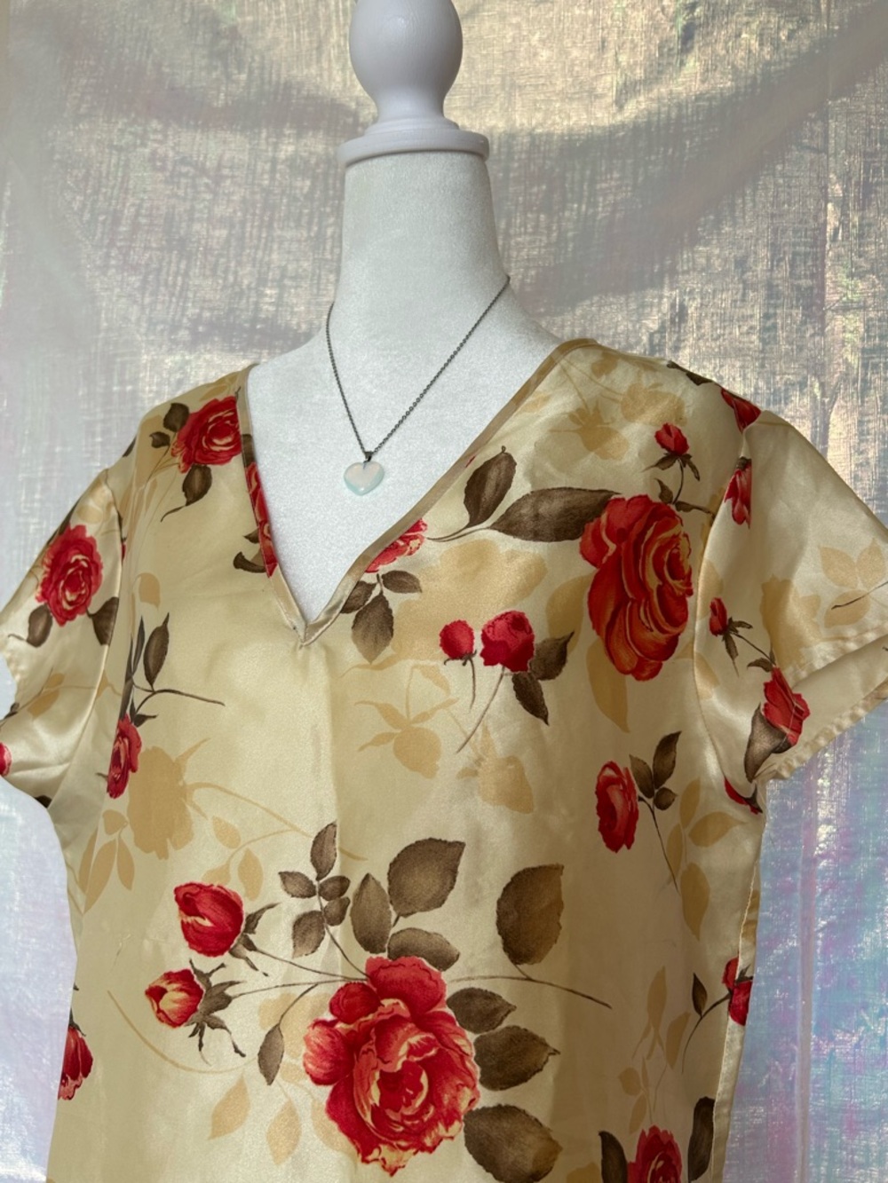 Vassarette Satin Blouse - Cream with Red Floral Accents